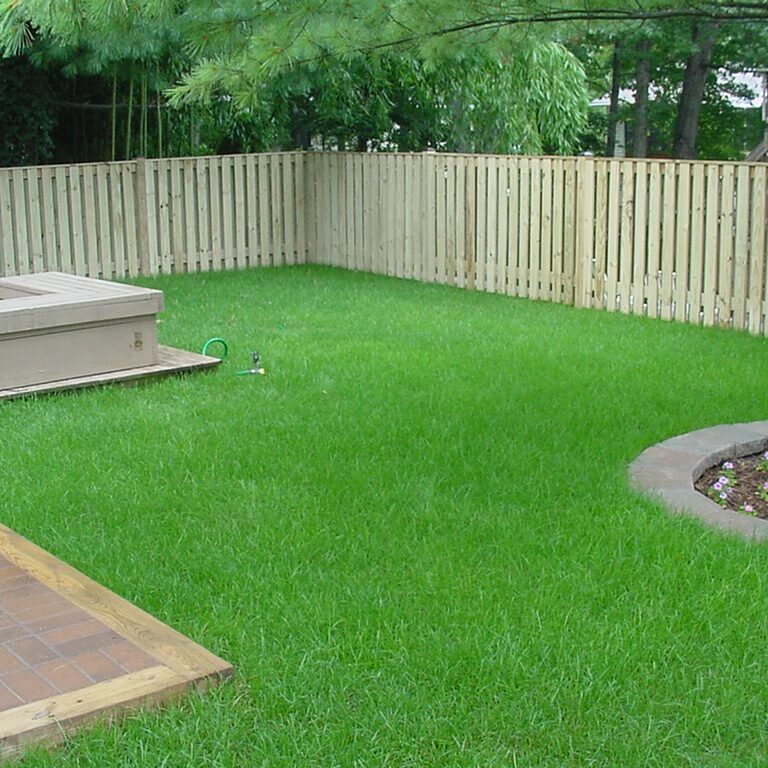 Well-maintained backyard with lush green grass and a wooden fence.